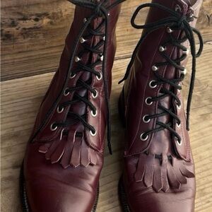 Vintage 80s Justin Boots Dark Cherry Lace Up Roper Kilte Fringe Cowgirl Size 6.5